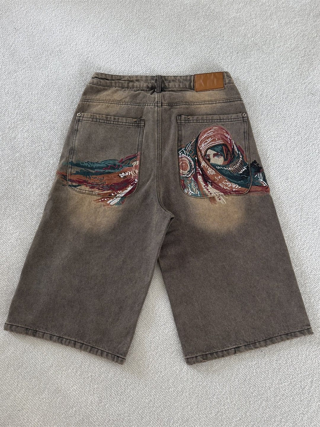 derschutze American retro heavy embroidered jeans for men and women, summer loose straight leg five-point pants