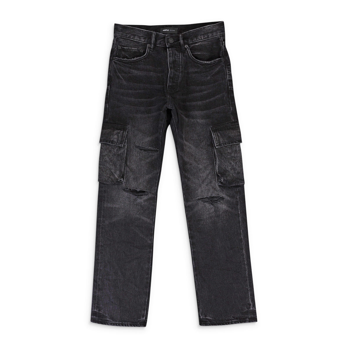 Black P011 Distressed Straight Leg Cargo Jeans