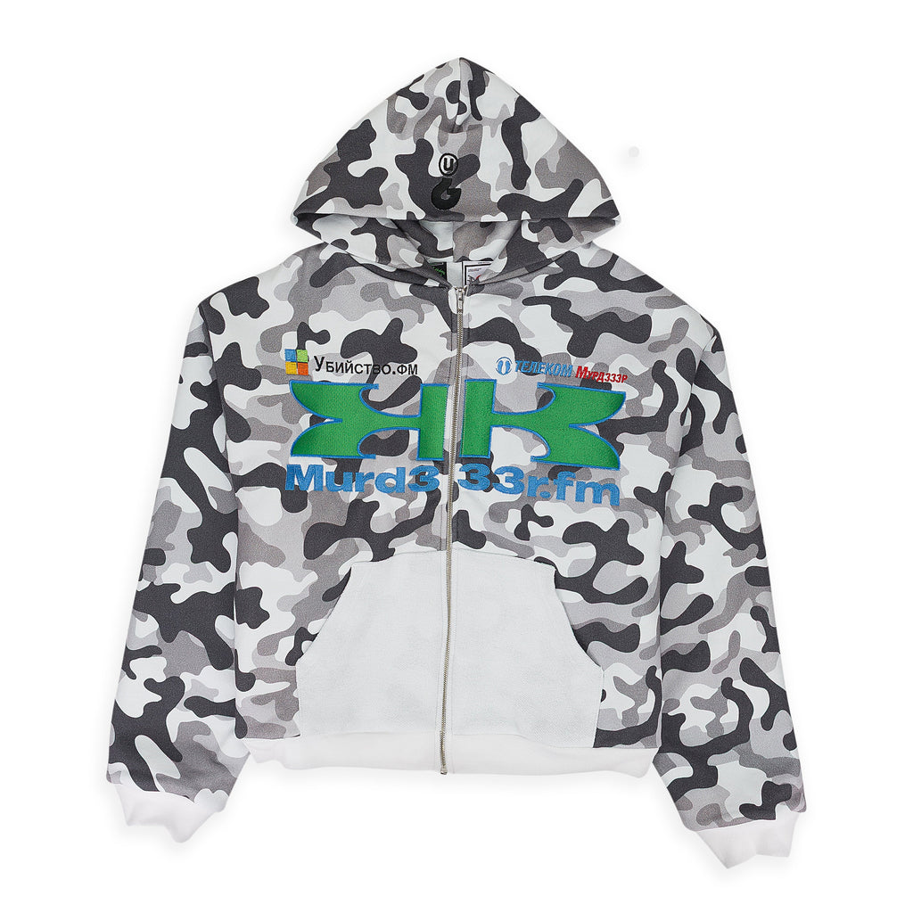 GREEDY UNIT x MURD333R.FM WHITE CAMO DOUBLE LAYERED HOODIE