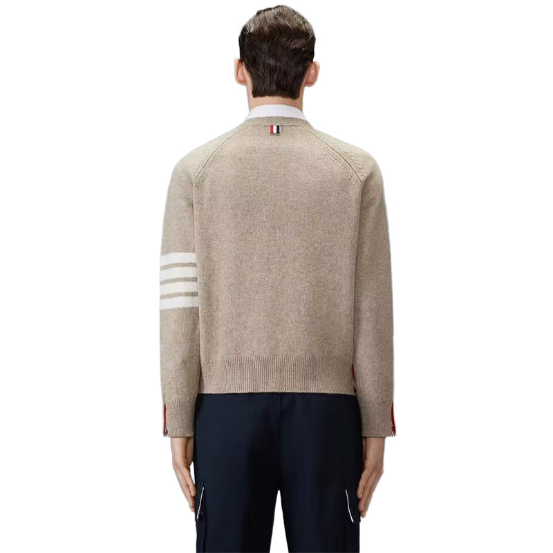 4 - Bar Premium Cotton V - Neck Cardigan - Classic Khaki Knit | Thom Browne