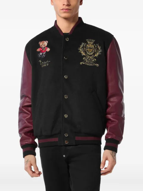 Philipp Plein leather and wool varsity bomber jacket Teddy Bear