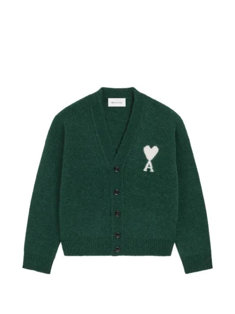 AMI Paris green alpaca cardigan with Ami de Coeur
