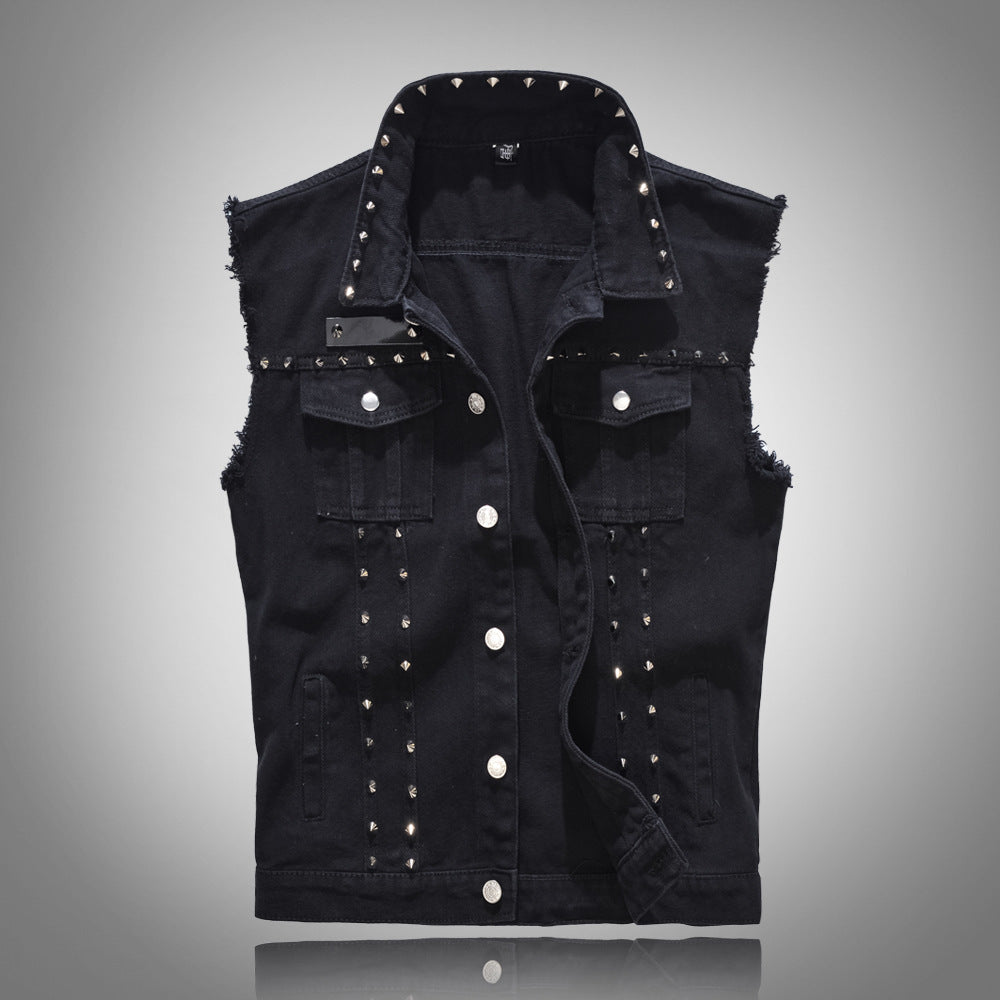 Studded Biker Distressed Raw-Edge Denim Vest Unisex