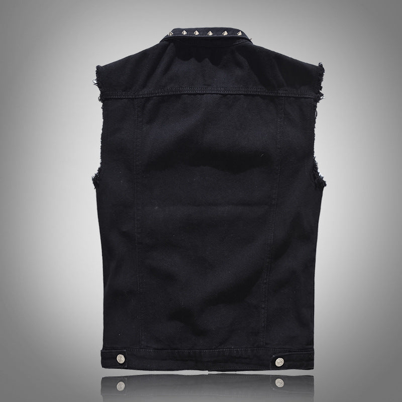 Studded Biker Distressed Raw-Edge Denim Vest Unisex