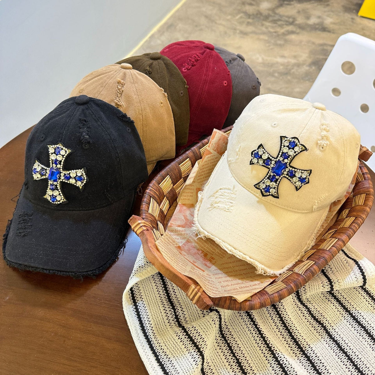 Rhinestone Cross Distressed Baseball Cap Streetwear Multi‑Style