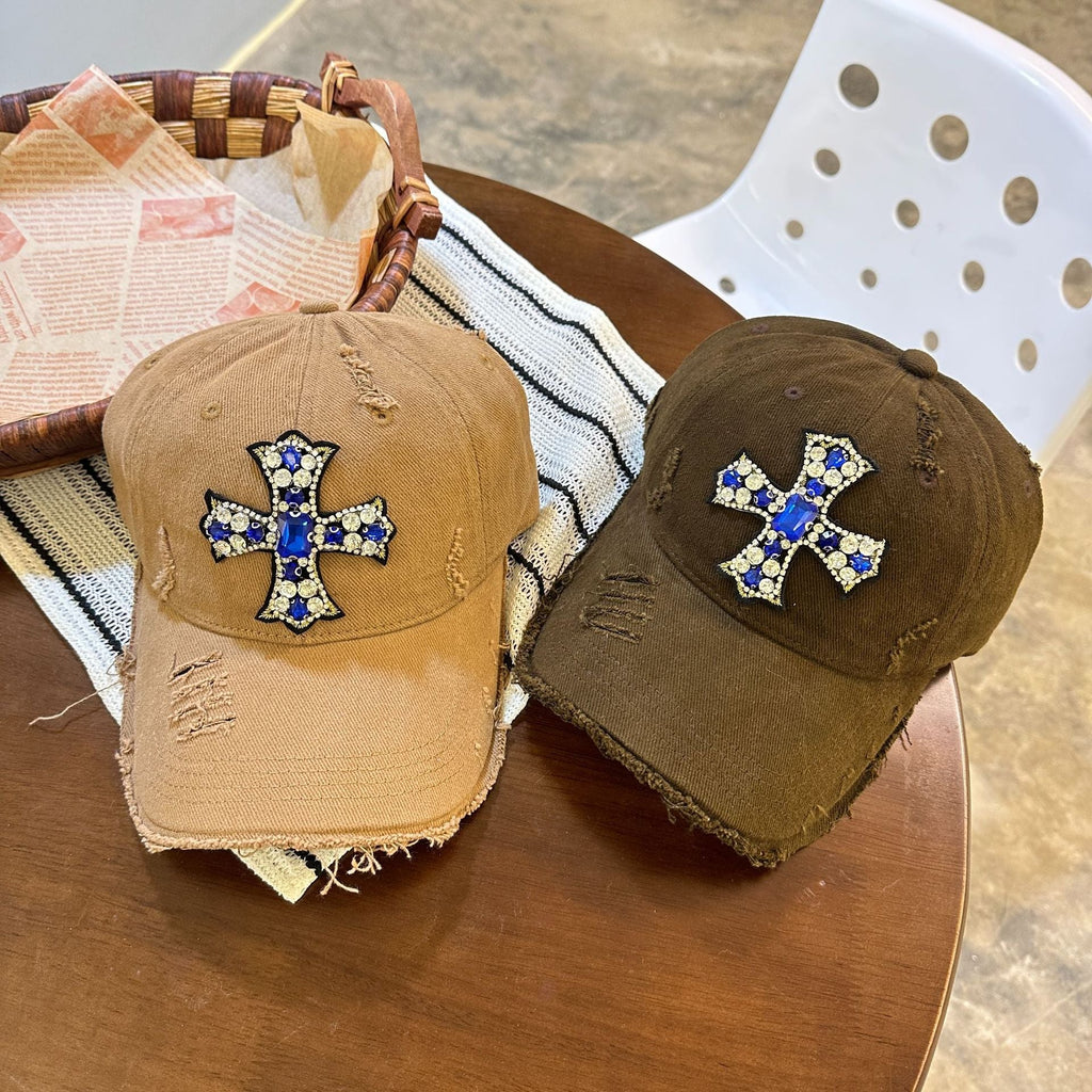 Rhinestone Cross Distressed Baseball Cap Streetwear Multi‑Style