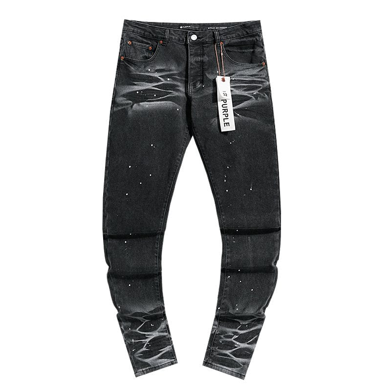 Purple Brand Paint Splatter Waxed-Look Black Jeans