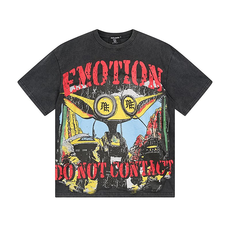 MIXED EMOTION Washed Black Distressed Graphic T-Shirt