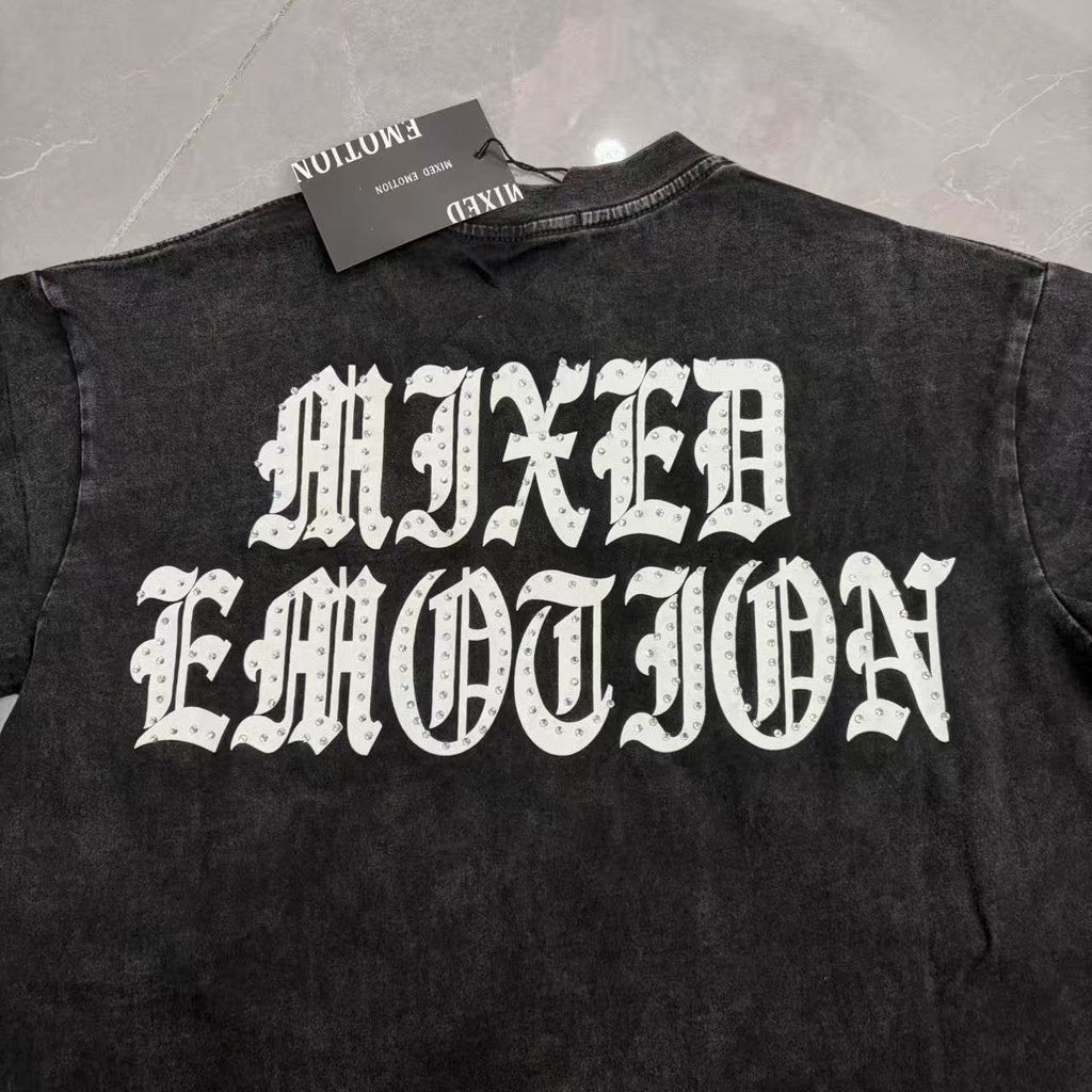 MIXED EMOTION Rhinestone Graphic Acid-Wash T-Shirt