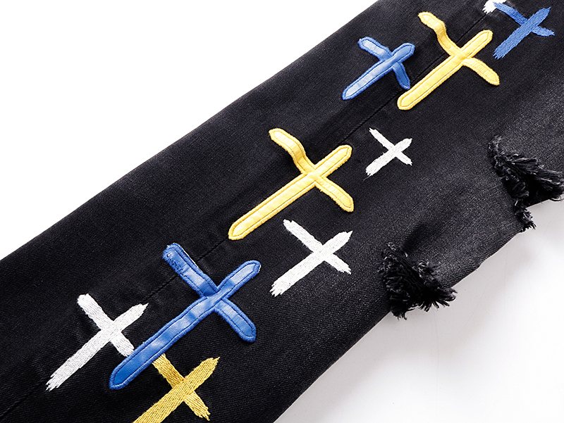R+A Cross Embroidered Distressed Jeans