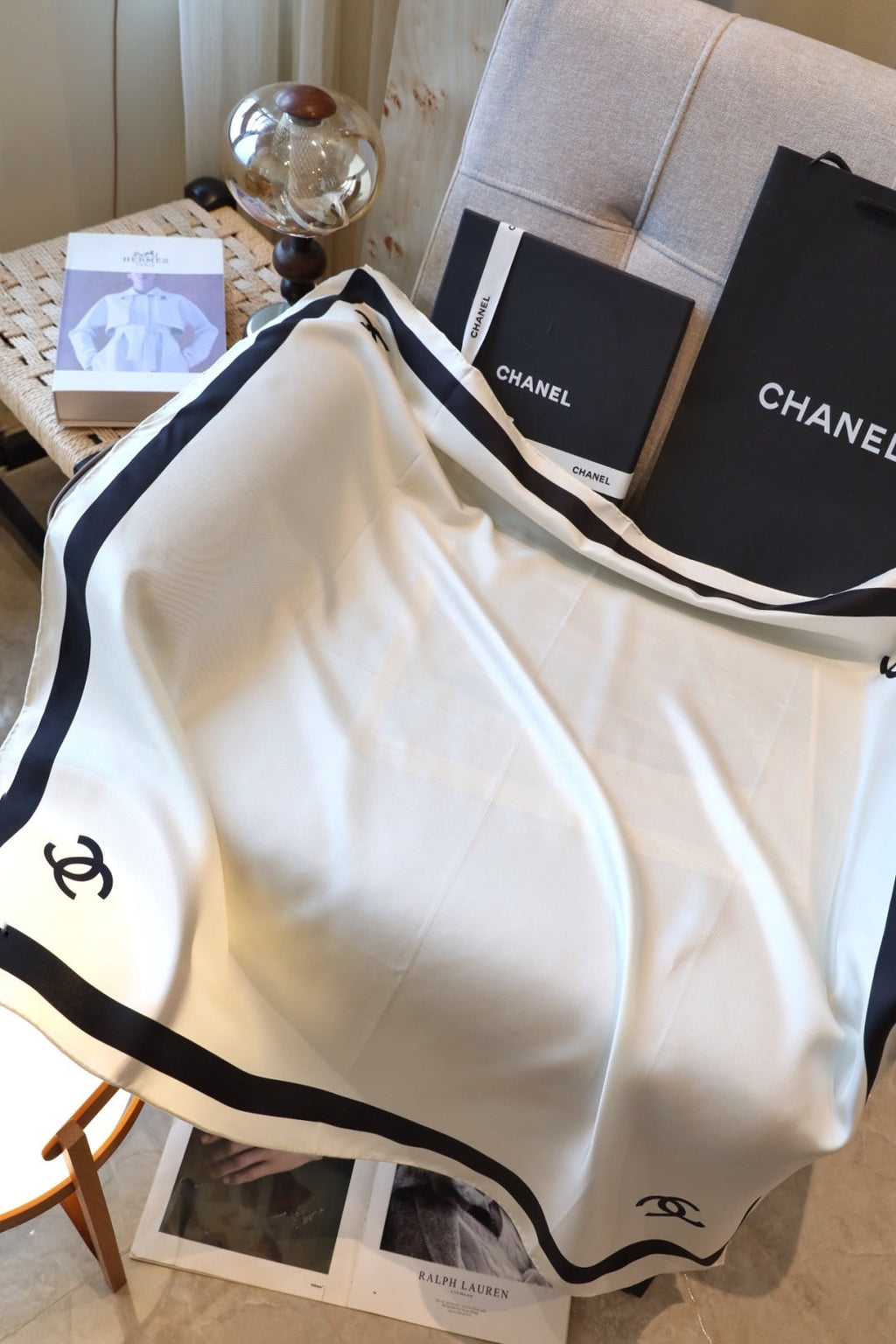 Chanel Style Contrast-Border Lightweight Shawl