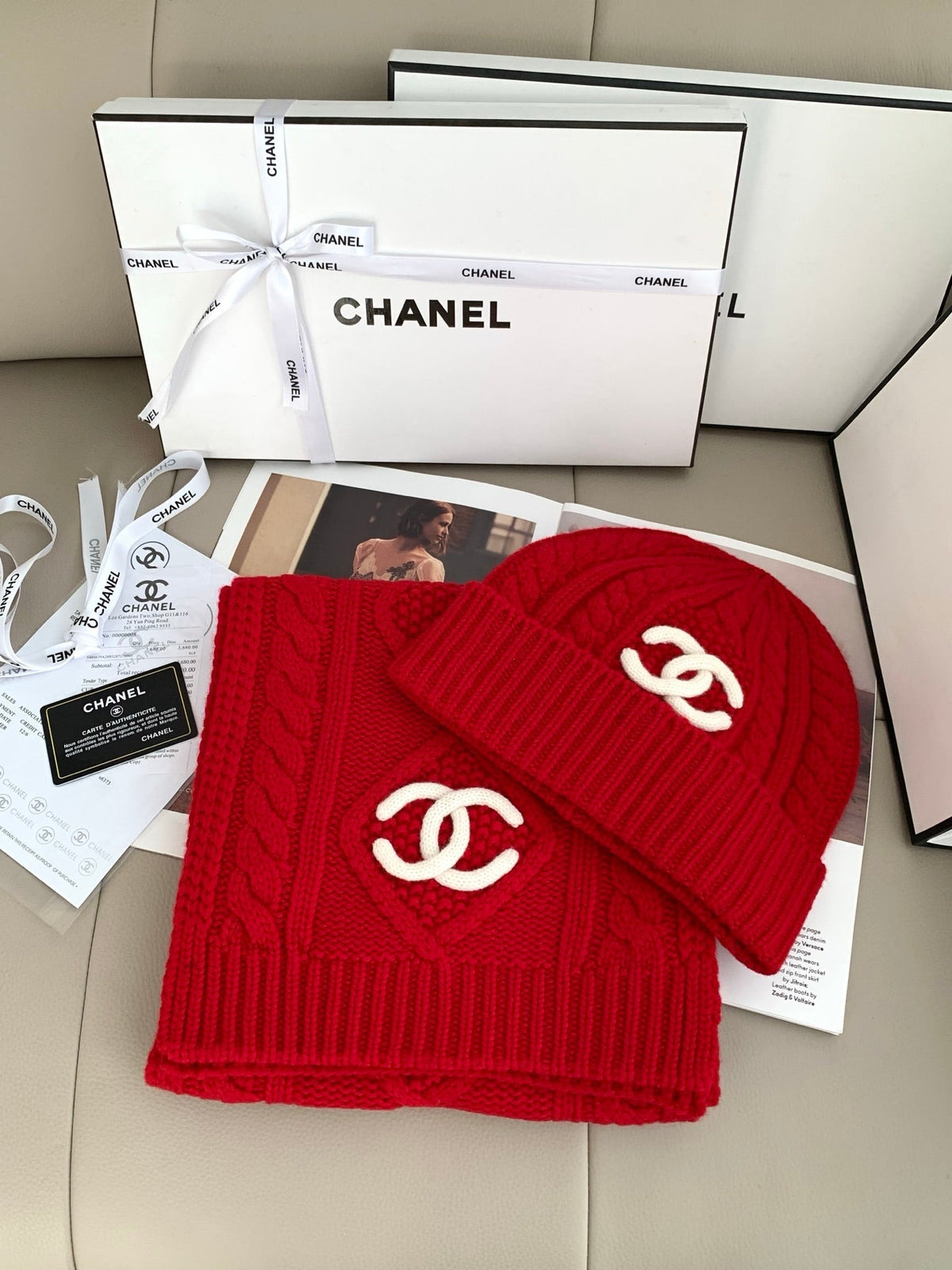 Chanel Style Rib-Knit Scarf and Beanie Set