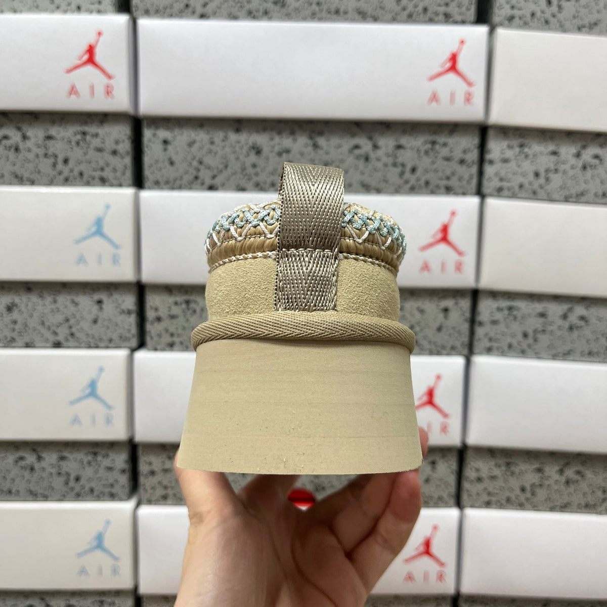 UGG Kallen Lace Platform Slipper – Suede Closed-Toe Mule with Shearling Lining, Blue & White Braided Collar Trim & Chunky Platform Sole in Sand