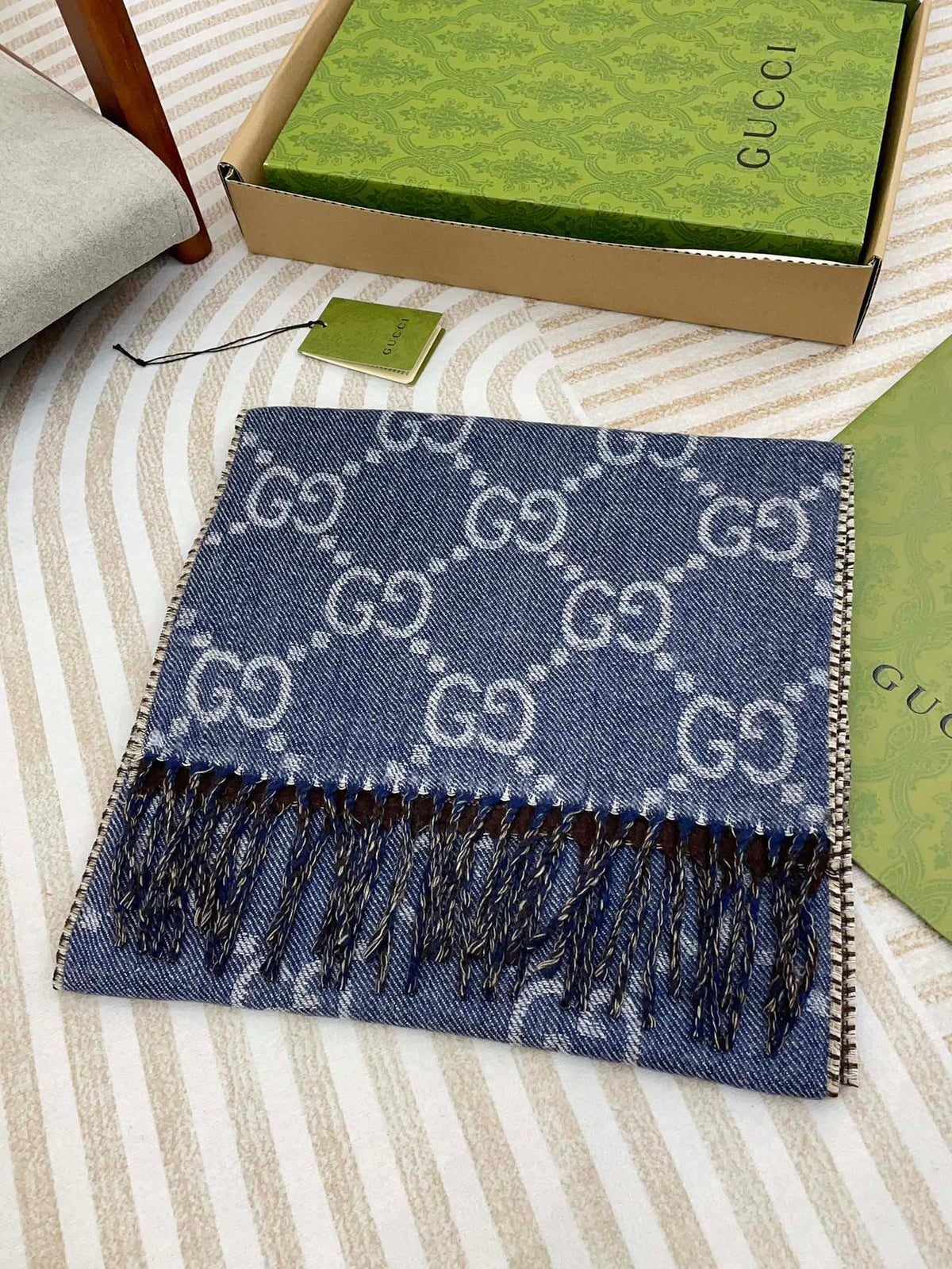 GG JACQUARD WOOL SCARF DENIM BLUE MIX COFFEE BROWN 398286