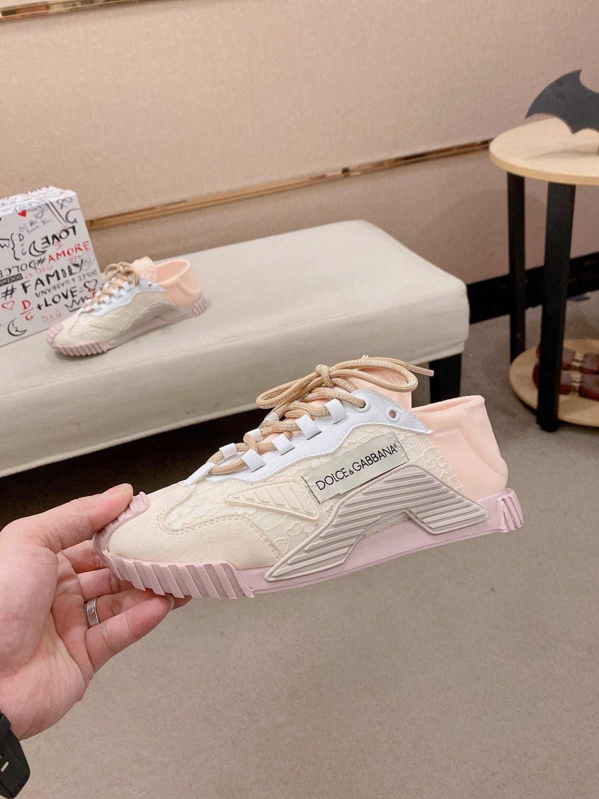 Dolce & Gabbana Pale Pink Cream Low-Top Sneakers