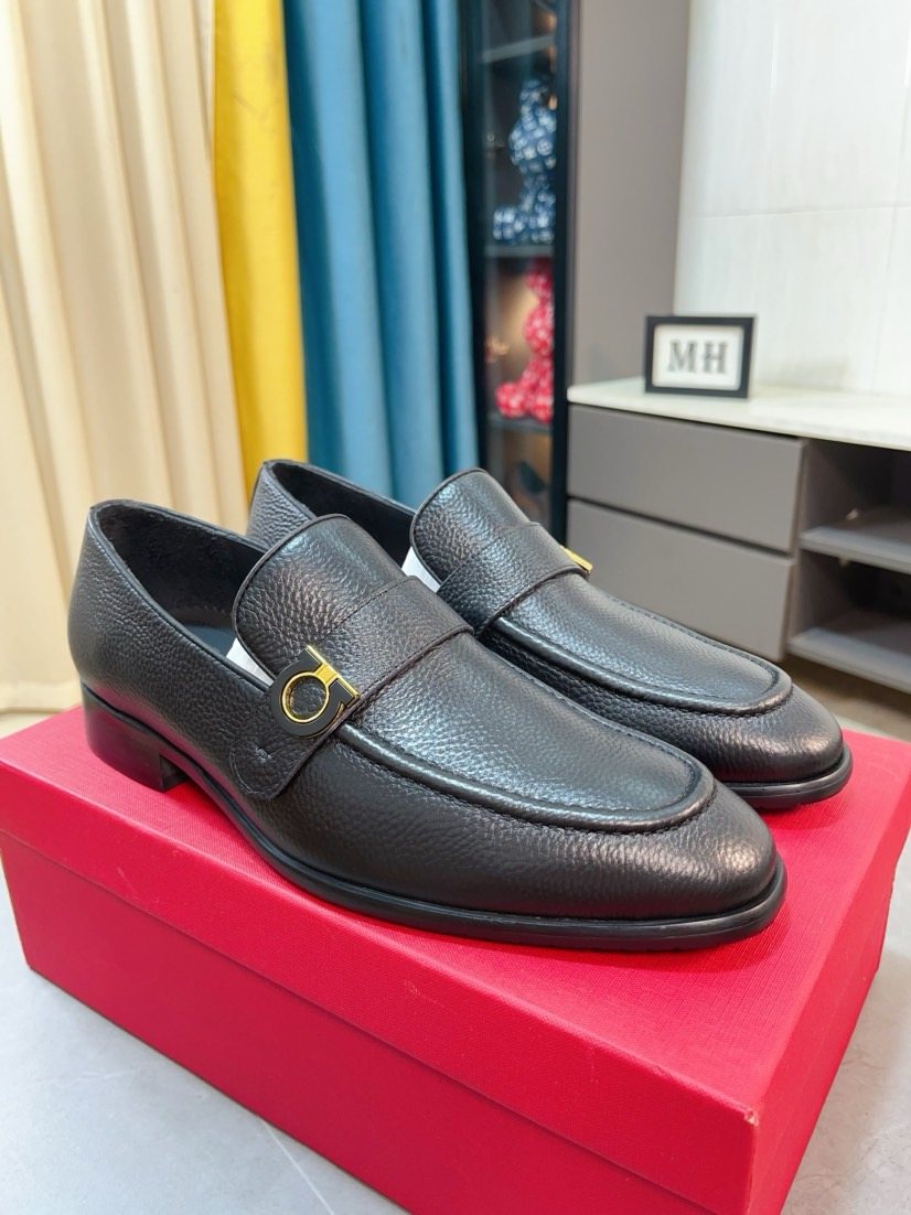 Salvatore Ferragamo Dark Brown Pebble-Textured Loafers