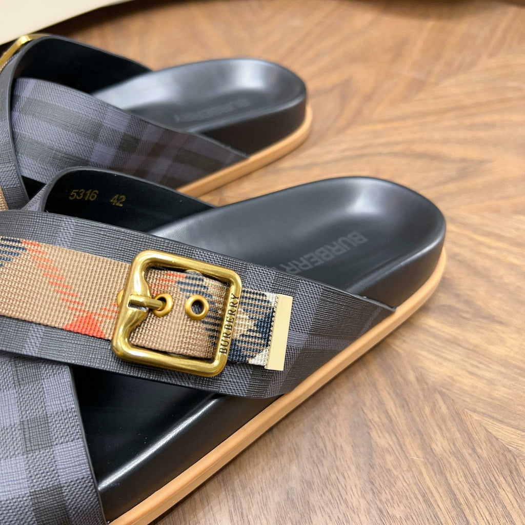 Burberry Charcoal Check Buckle Slide Sandals - Black and Charcoal Check