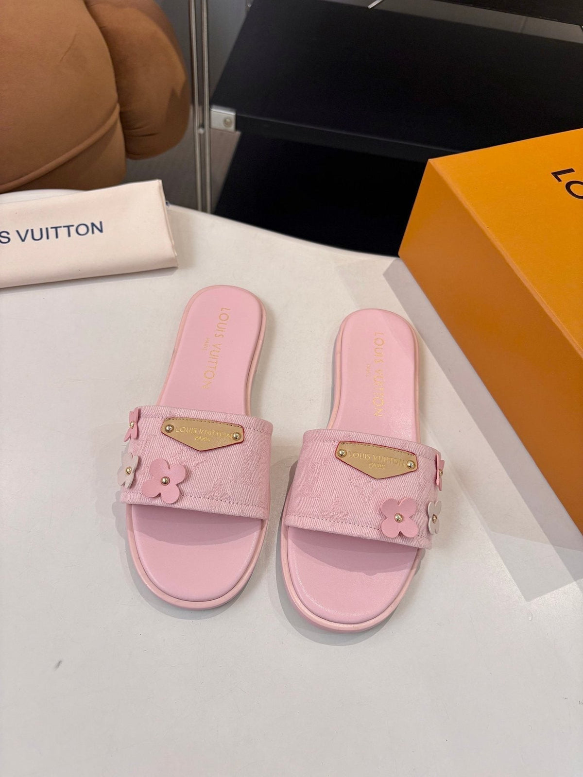 Louis Vuitton Pink Flower Slide Sandals