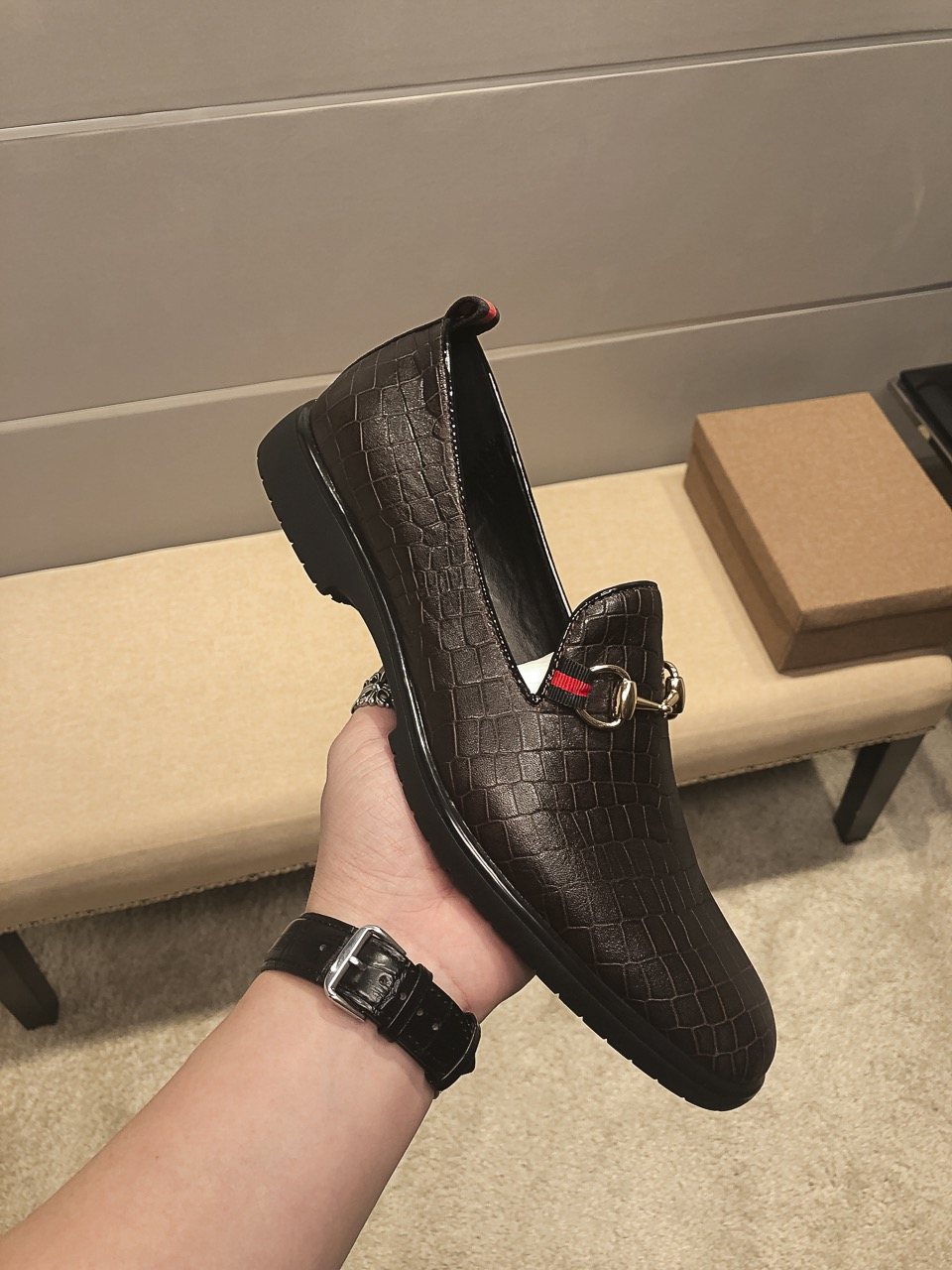 Gucci Black Embossed Horsebit Loafers