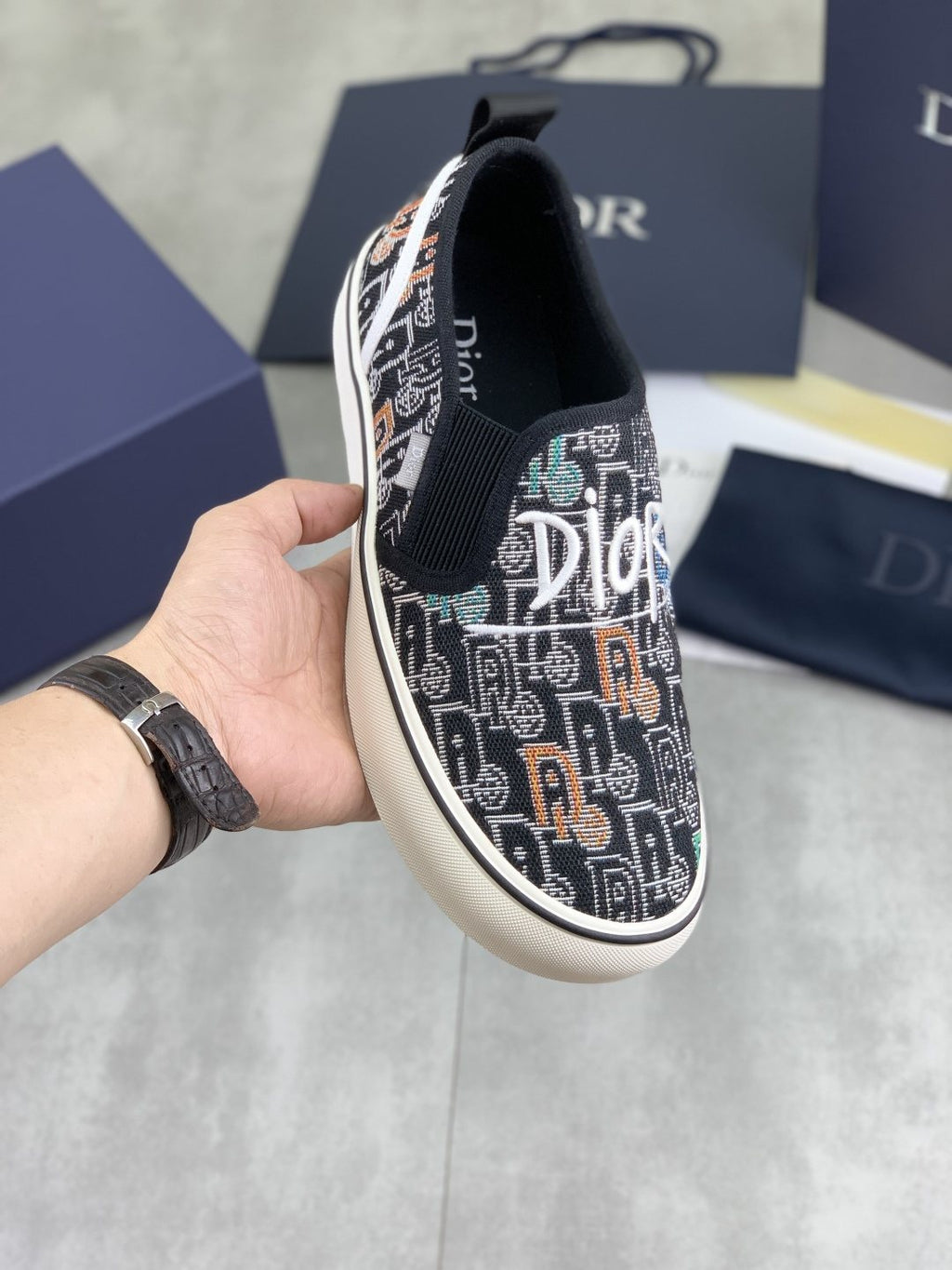 Dior Graphic Canvas Slip-On Sneakers - Black, White and Tan