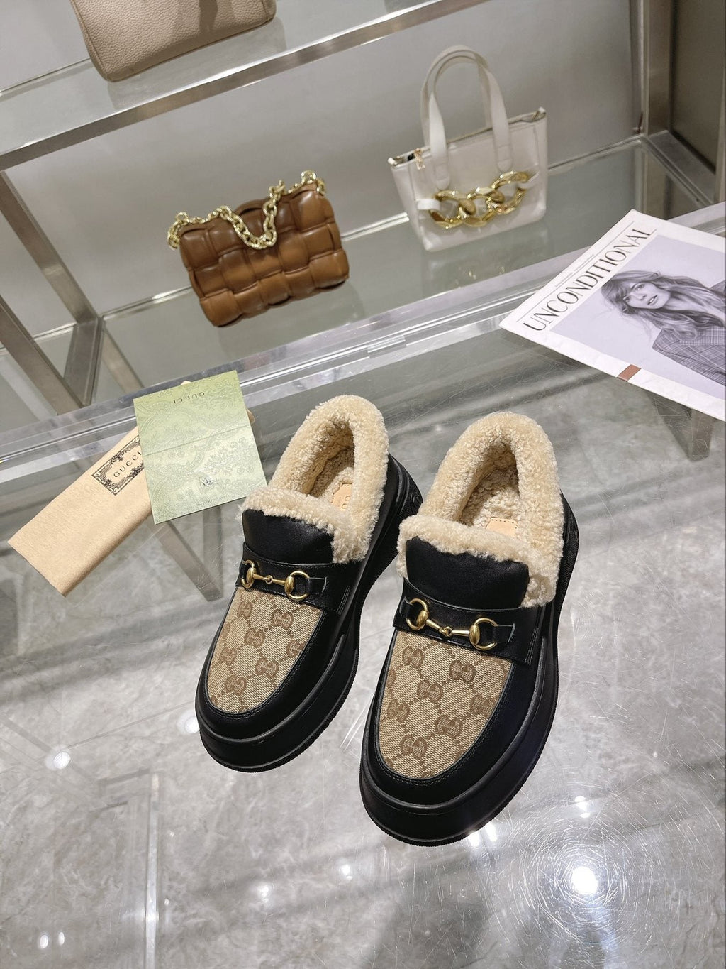 Gucci Patterned Plush-Trim Slip-On Snow Boots