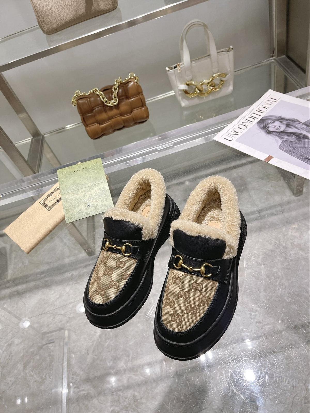 Gucci Patterned Plush-Trim Slip-On Snow Boots