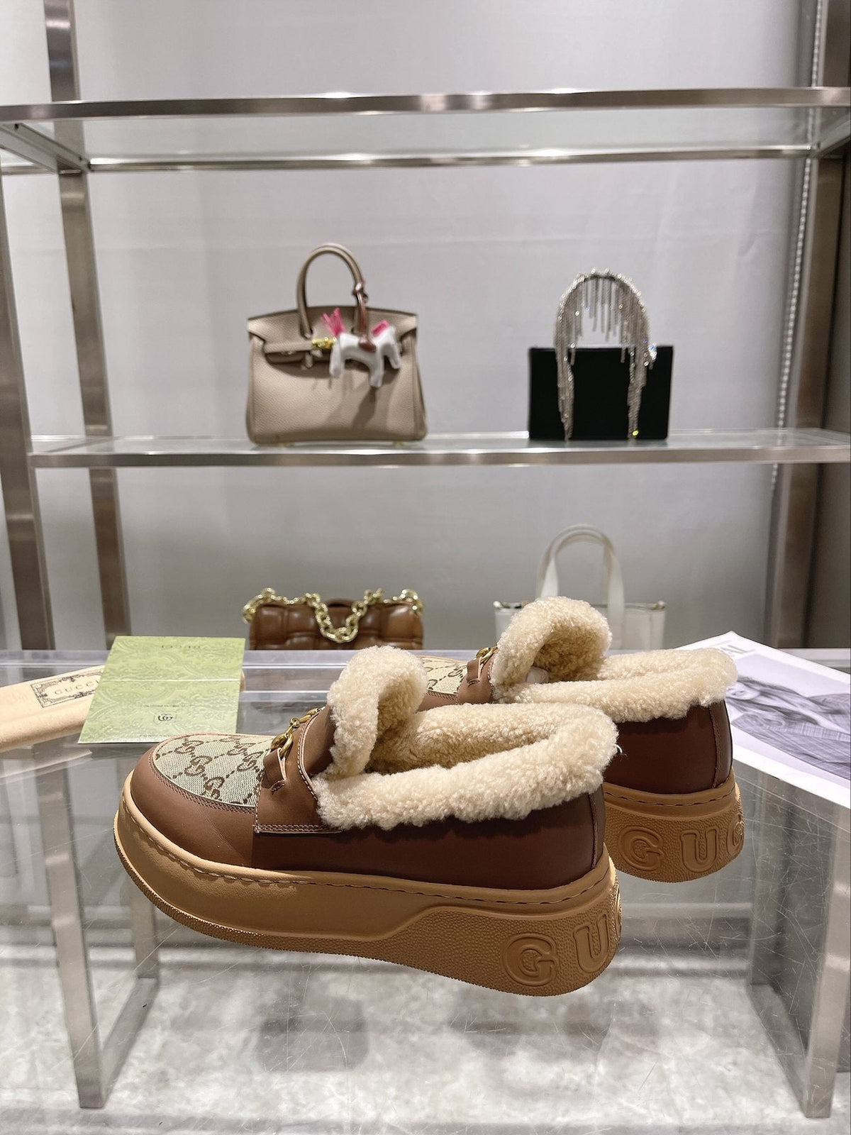 Gucci Patterned Plush-Trim Slip-On Snow Boots