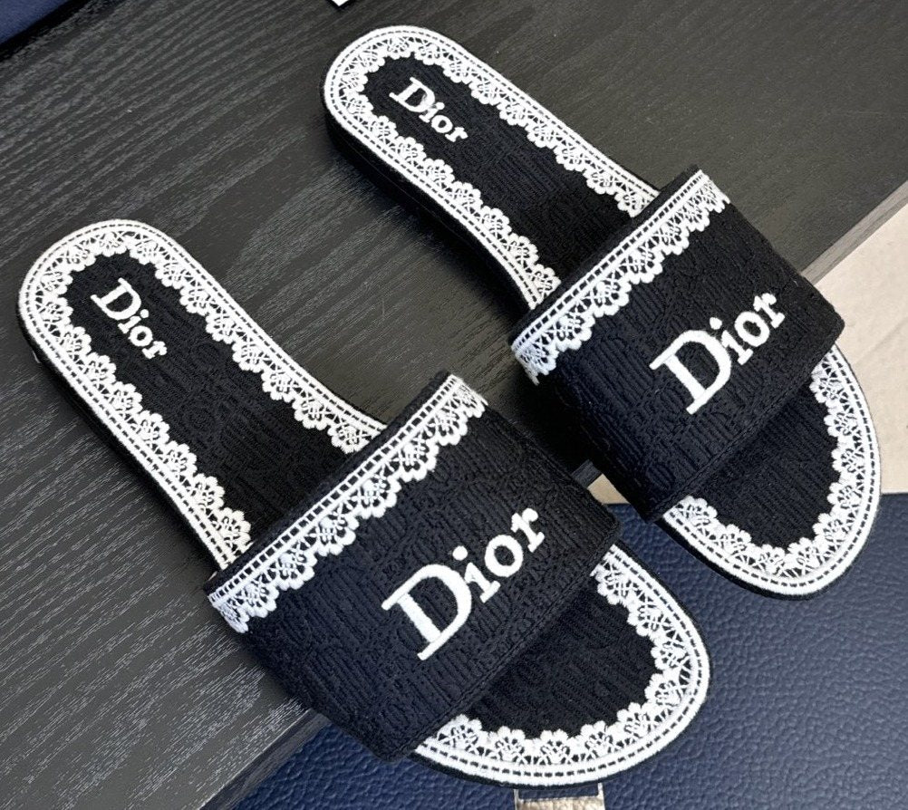 Dior Embroidered Trim Slide Sandals