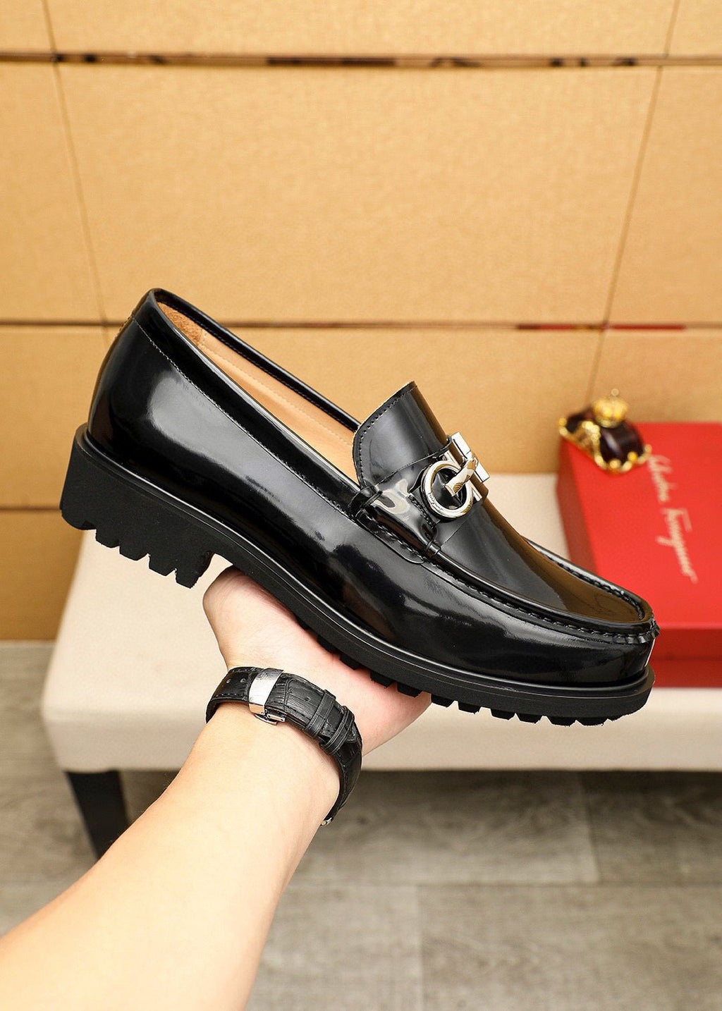 Ferragamo Black Metal-Hardware Loafers