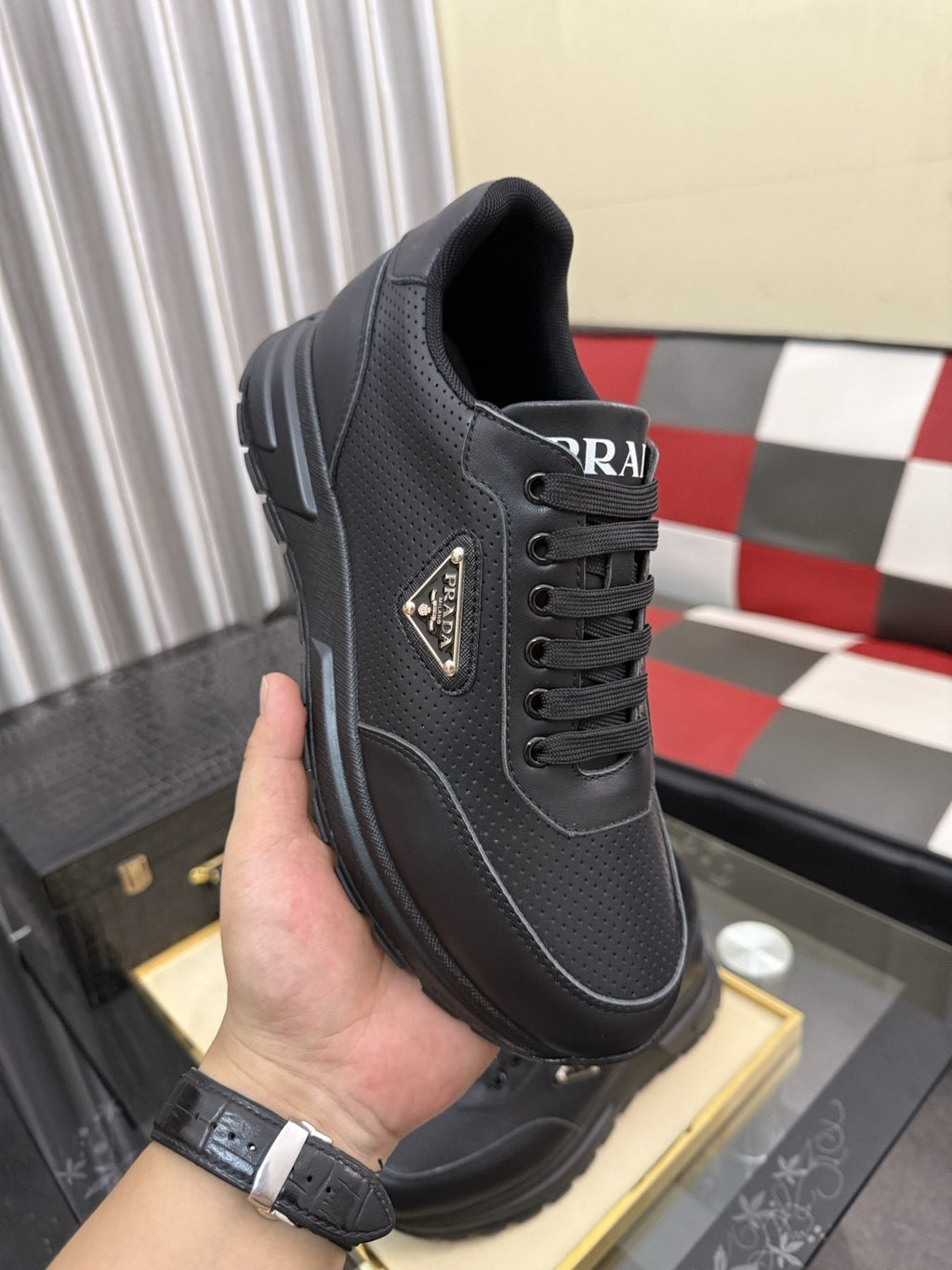 Prada Men's Triangle Plaque Lace-Up Sneakers