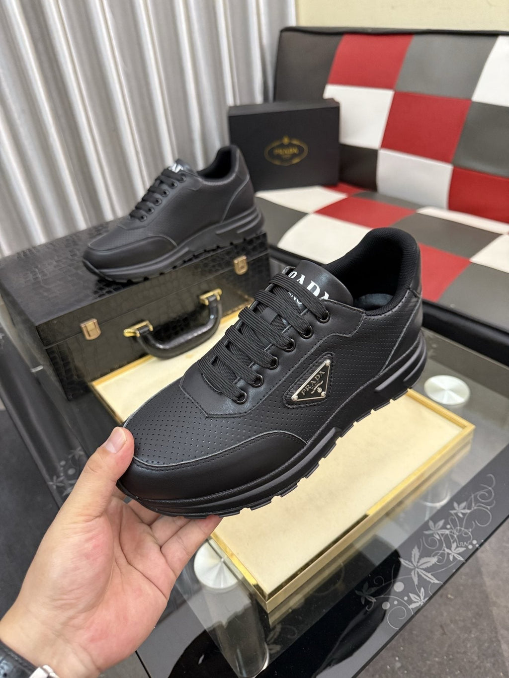 Prada Men's Triangle Plaque Lace-Up Sneakers