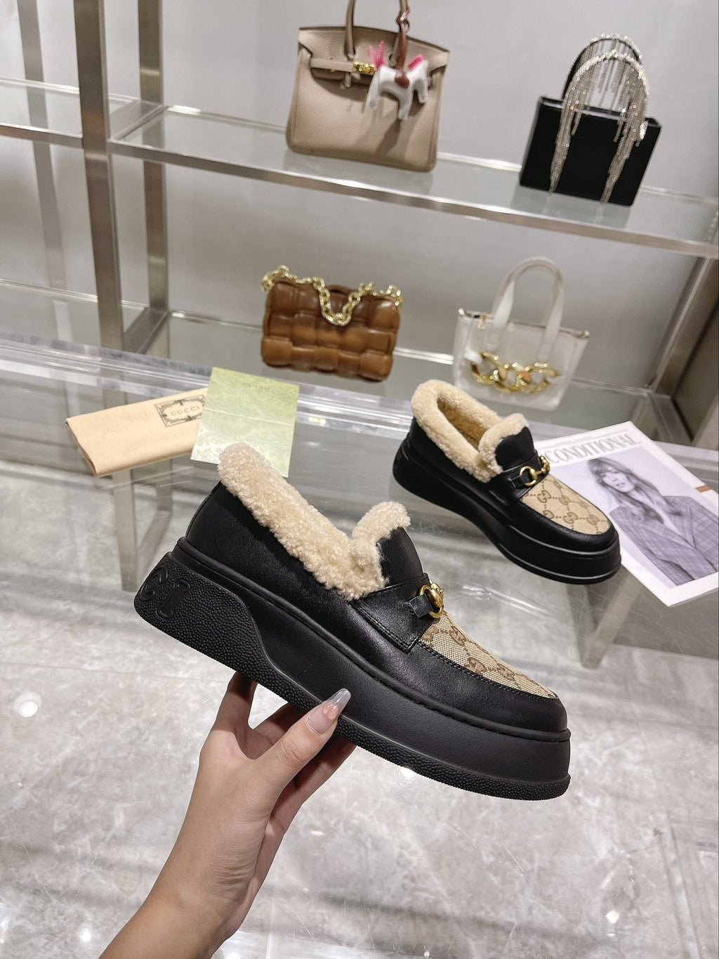 Gucci Patterned Plush-Lined Platform Slip-On Shoes